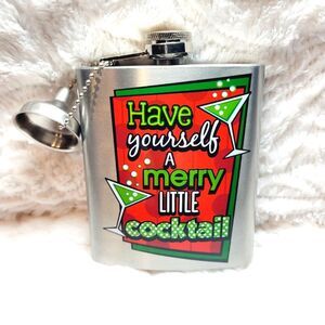 Have Yourself A Merry Little Cocktail SS Flask Screw Top Funnel 7 Ounce OOS